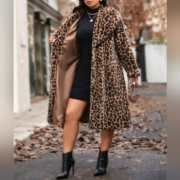 New Luxe Leopard Print Faux Fur Fluffy Coat Jacket PLUS Brown Black Tan - Picture 5 of 9